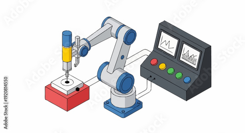 Industrial robotic arm operating a press with control panel.
