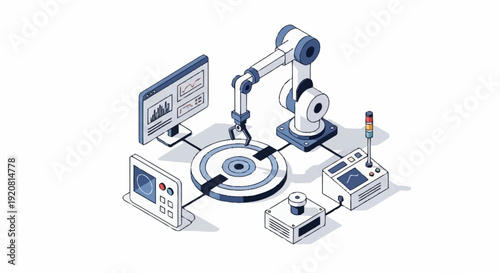 Isometric robotic arm assembly line with computer and machinery.