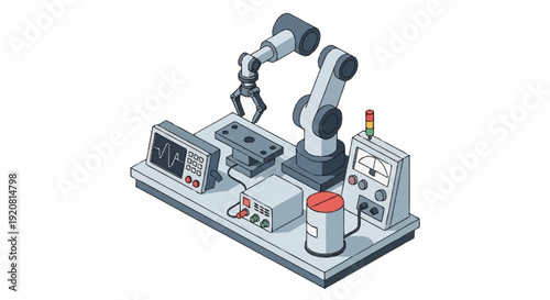 Industrial robotic arm workstation with control panel and machinery.