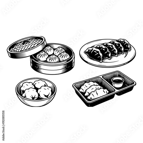 A black and white line art illustration of various Asian dumplings including steamed buns in a bamboo steamer, gyoza on a plate, and dumplings in a bowl and take-out container with dipping sauce.