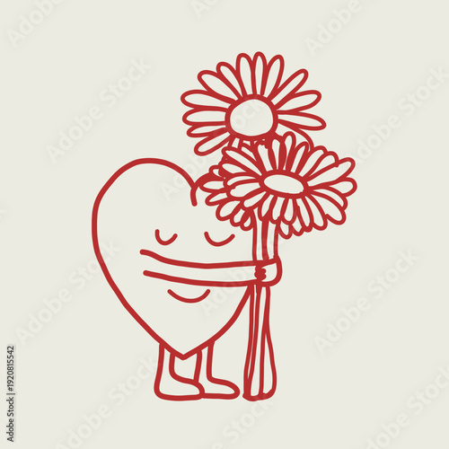 Hand drawn character heart holding a flower cartoon illustration