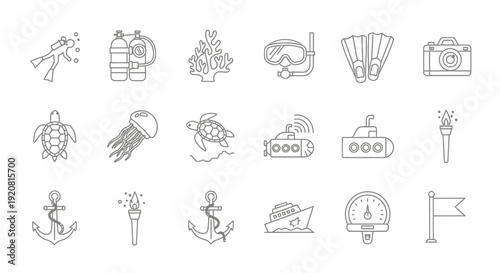 Collection of Simple Line Icons Representing Various Summer and Travel Themes.