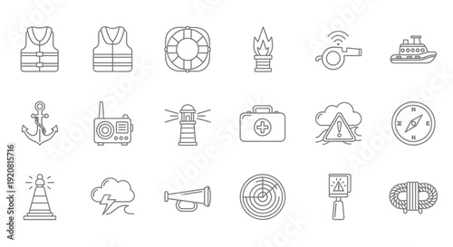 Collection of simple line icons representing various camping and outdoor activities.