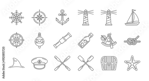 Collection of nautical symbols and icons for maritime themes.