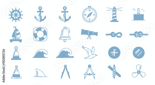 Collection of blue icons representing navigation and maritime elements.
