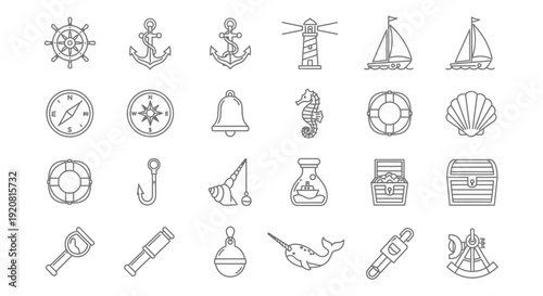 Collection of nautical and travel-themed icons in simple line art style.