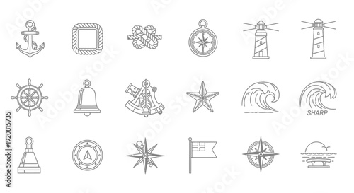 Collection of simple line icons representing nautical symbols and elements.