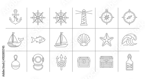 Collection of nautical and marine-themed icons in minimalist line art style.