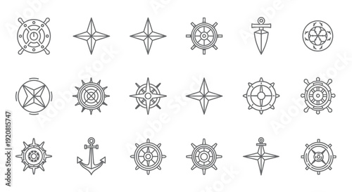 Collection of simple line art compass rose and navigation symbols.