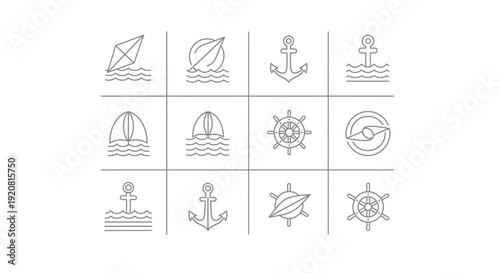 Set of simple line icons representing various nautical elements and symbols.