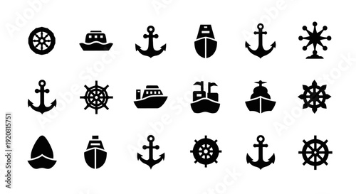 Collection of black nautical icons on white background.
