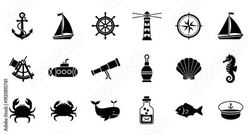 Collection of nautical and marine-themed icons in black.