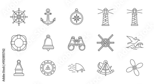Collection of nautical and outdoor themed icons in simple line art style.