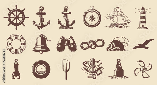 Nautical symbols and icons set in brown on beige background.