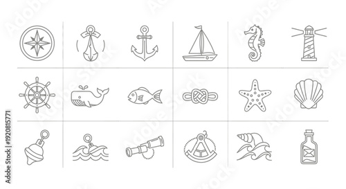 Collection of nautical and marine-themed icons in minimalist line art style.