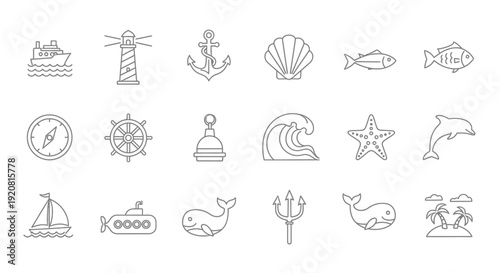 Collection of simple line icons representing various ocean elements and symbols.