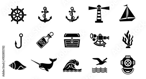 Set of black nautical icons on white background.