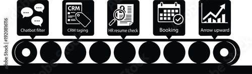 Business process automation conveyor belt featuring chatbot filter crm tagging hr resume check booking and growth arrow icons for industry efficiency.
