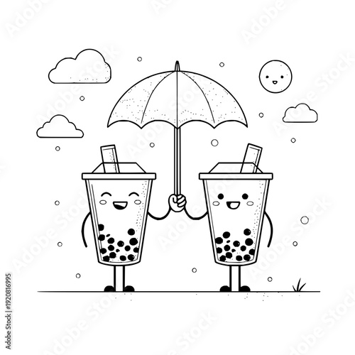 Boba Tea Cups Holding Umbrella on Rainy Day