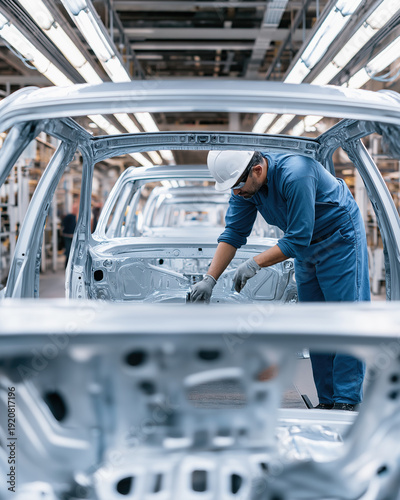 Wallpaper Mural An industrial worker wearing a white hard hat assembles an aluminum vehicle frame on a production line. Torontodigital.ca
