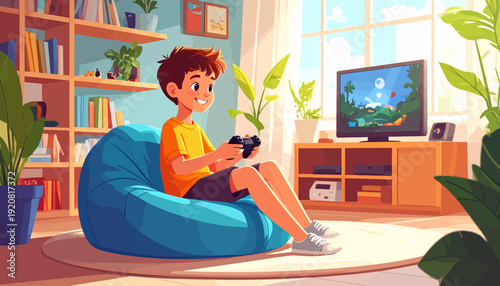Boy Playing Video Games on TV at Home