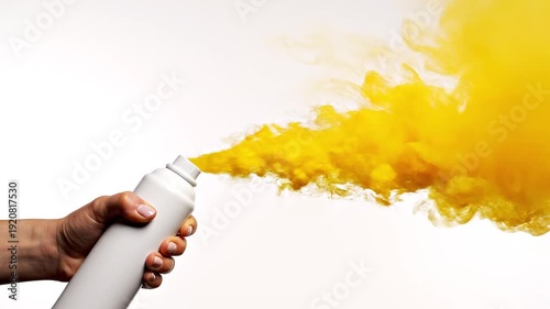 Hand holding a white spray can releasing a large burst of yellow aerosol against a plain white background,Holi,Festival of Colors,4th March