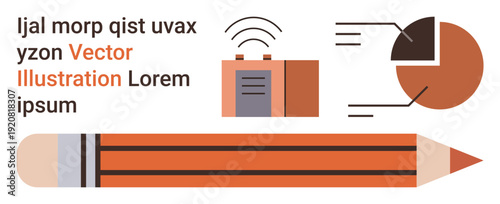 Education, communication, analytics, creative tools, broadcasting, modern design. a pencil, pie chart and radio waves. Education and communication concepts in modern illustration