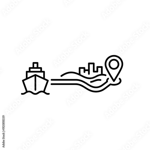 Cargo Ship Navigating Coastal Waters with Landmark Location Pointer