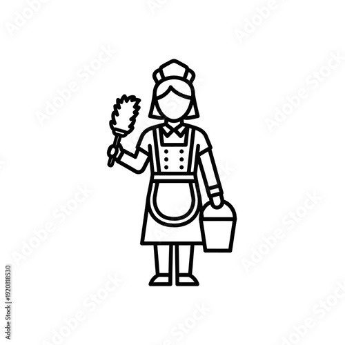 Clean Housekeeper Holding Brush and Bucket in a Professional Cleaning Service Setting