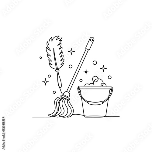 Clean Housekeeping Illustration Showcasing Feather Duster and Buckets for Household Cleaning