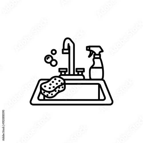 Cleaning and Dishwashing Scene with Sponge and Spray Bottle at Kitchen Sink