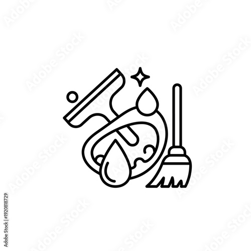 Cleaning and Hygiene Supplies Icon with Broom, Sponge, and Spray Bottle