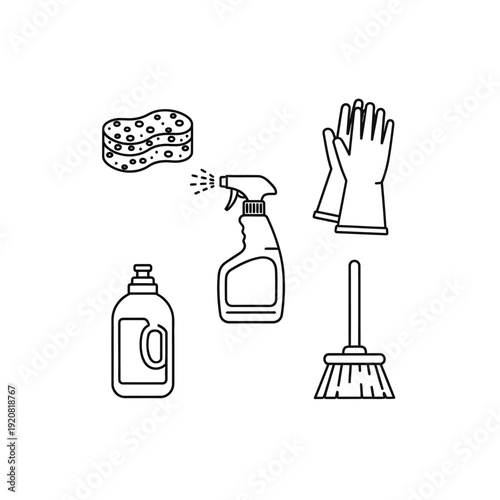 Cleaning and Sanitizing Supplies for Home or Office Use in a Simple Line Illustration