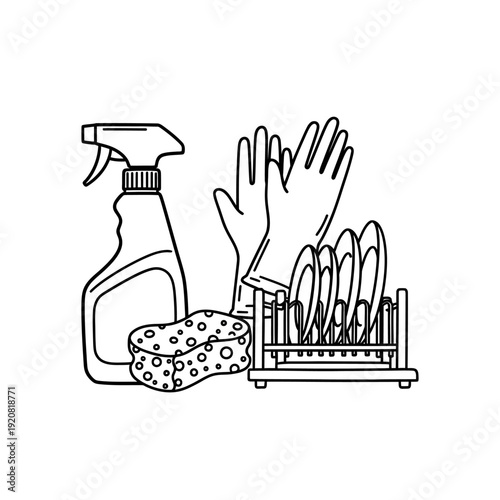 Cleaning and Sanitizing Supplies with Gloves and Dish Rack for Hygiene