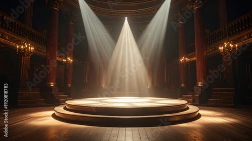 Elegant theater stage illuminated by spotlights with ornate columns and balconies