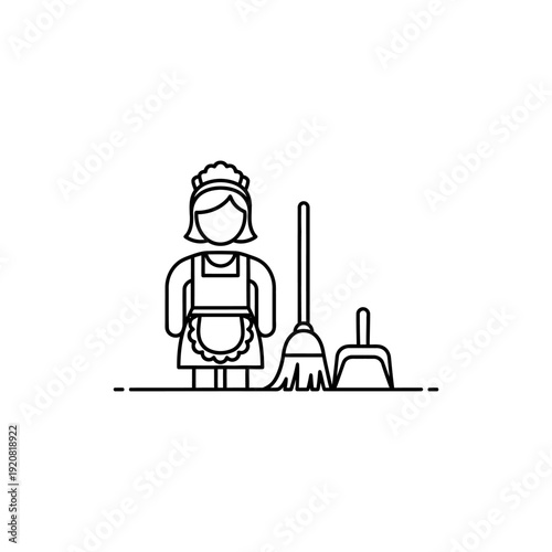 Cleaning Lady with Mop and Dustpan in a Simple Line Art Illustration