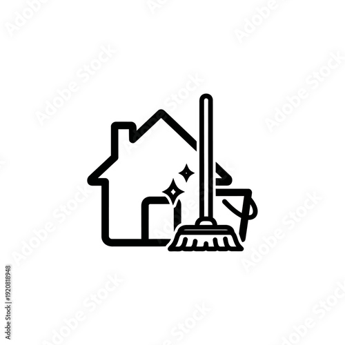 Cleaning Service Icon of House and Mop for Home Maintenance