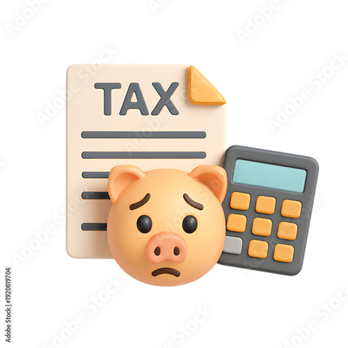 Sad Piggy Bank with Tax Document and Calculator 3D Render, Symbolizing Financial Burden, Tax Season Stress, and Budgeting Challenges, isolated on transparent background.