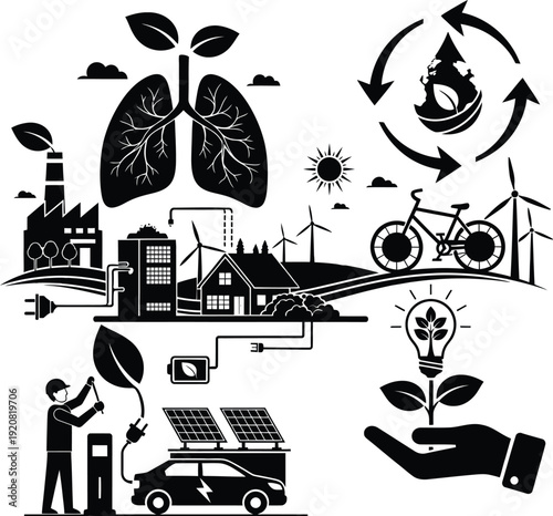 Eco friendly sustainable energy and green lifestyle concept with solar panels electric car wind turbines and recycling icons for environmental protection.