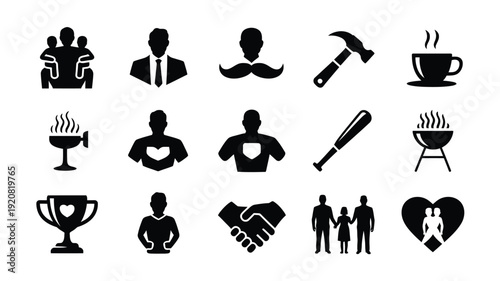 Black silhouette icons for fathers day and masculinity including family tools and hobbies on white background