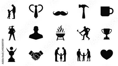 Fathers day minimalist silhouette icons set family love gifts and activities