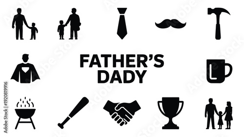 Father's day black silhouette icons set with family ties tools and gifts on white background for greeting cards and celebrations