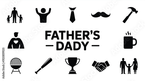 Father's day black silhouette badge logo set with family sports and gift icons on white background
