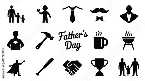 Father's day black silhouette icons set for celebration and gift ideas