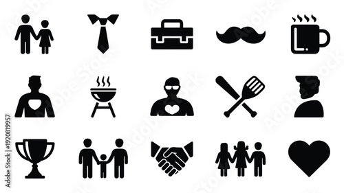 Black silhouettes of fatherhood and relationships icons on white background for father's day