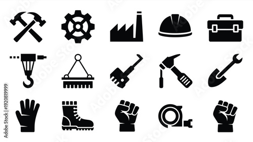 Industrial labor day silhouette icons set for workers and construction industrial tools and equipment