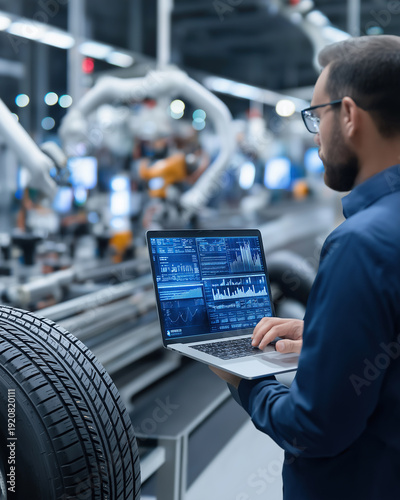 Wallpaper Mural Engineer analyzing data dashboard on laptop beside tire in automated robotic car manufacturing plant. Torontodigital.ca