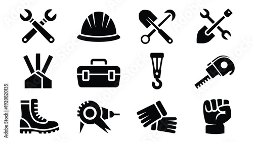 Collection of black silhouette icons representing various labor day worker tools and equipment including wrenches hard hats and safety gear on a white background
