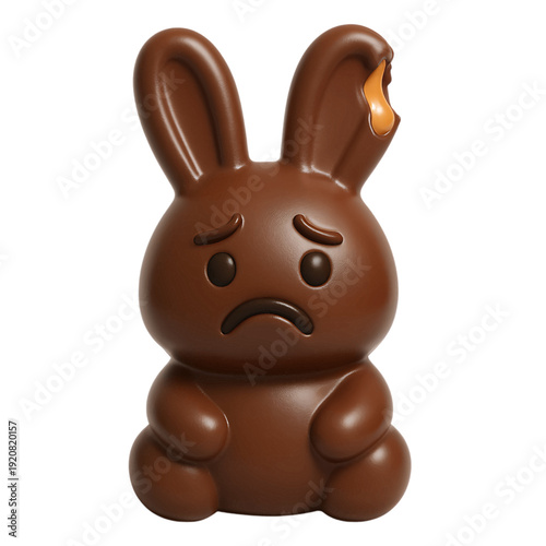 Melancholy Chocolate Easter Bunny with a Bitten Ear and Visible Filling, Expressing Sadness, a Perfect 3D Render Isolated on Transparent Background