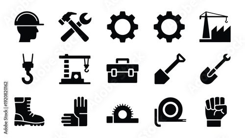 Construction worker silhouette icons set including hard hat tools and industrial symbols on white background for design and development projects
